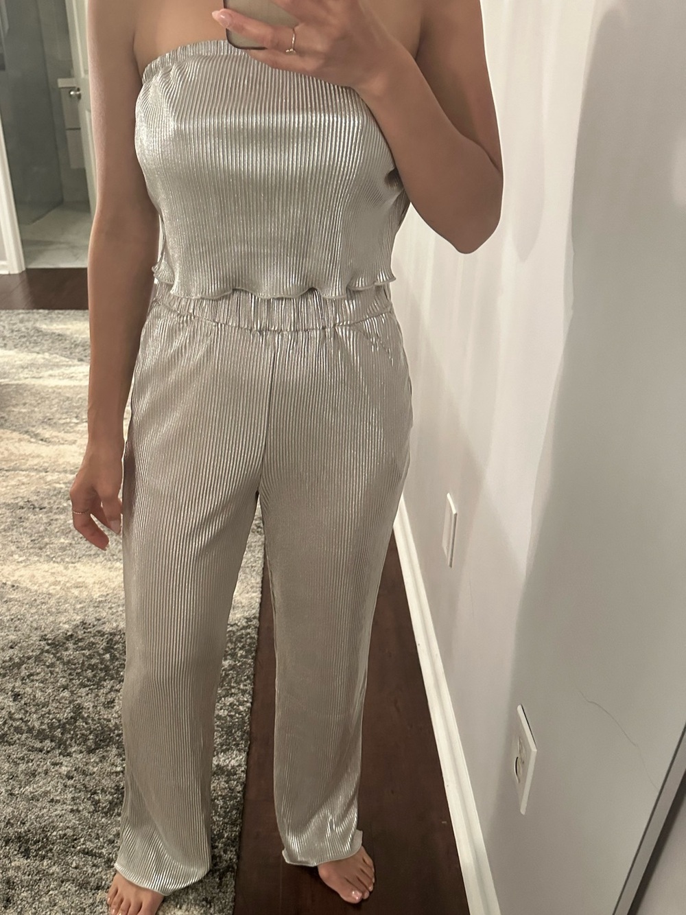 Le Lis Metallic Silver Strapless Jumpsuit